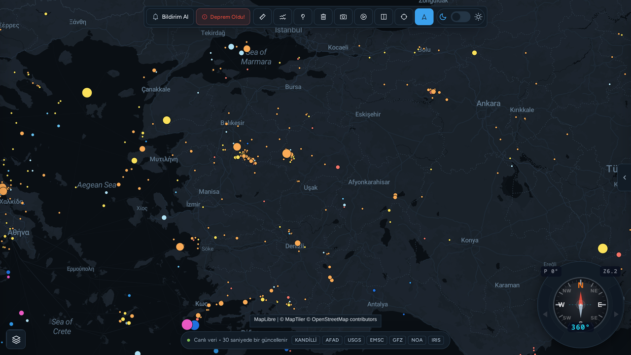 Canlı deprem verilerinin gösterildiği Sismik Harita görünümü